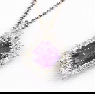 Elegant 18Kt Amethyst & Diamond Pendant w/ Necklace: Elegant 18Kt White Gold 10.10ct. Approx. Amethyst & 6.65ct. Approx. Diamond Pendant w/ Necklace. Necklace measures approx. - 16" long. Weight - 14.6 dwt. 2.40ct. Approx. marquise diamonds, 4.2