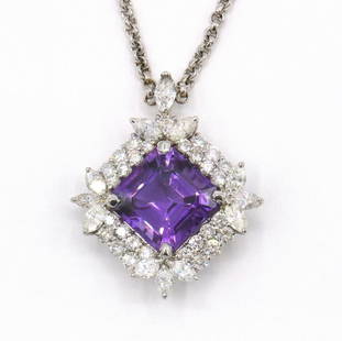 Elegant 18Kt Amethyst & Diamond Pendant w/ Necklace: Elegant 18Kt White Gold 10.10ct. Approx. Amethyst & 6.65ct. Approx. Diamond Pendant w/ Necklace. Necklace measures approx. - 16" long. Weight - 14.6 dwt. 2.40ct. Approx. marquise diamonds,