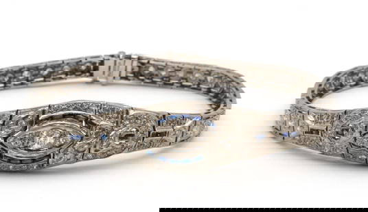 Art Deco Platinum Diamond & Sapphire Bracelet: Art Deco Platinum 1.95ct. Diamond & 0.45ct. Blue Sapphire Ladies Bracelet. Center sectioni contains one brilliant cut diamond - 0.20ct. Two single cut diamonds - 0.06cts. Center section design is
