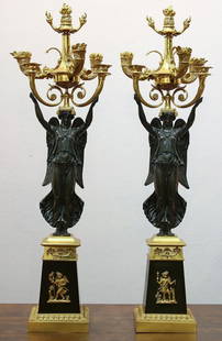 Pair of Antique Empire Six Light Gilt Bronze Candelabra: Pair of Antique, 19th Century gilt bronze candelabra featuring 2 winged victories each topped with a six light design. They measure approx 36&rdquo; t x 11.5&rdquo; w. These are in great overall condi