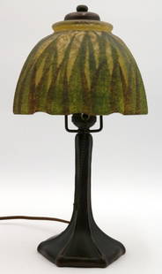 Handel Arts & Crafts Boudoir Glass Bronze Lamp: Handel Arts & Crafts Boudoir Glass Bronze Lamp. Measures approx. - 14" high x 8" diameter. Hand painted on reverse glass. signed on inside rim. Have a similar item to sell? Contact us at info@marketau