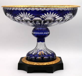 Vintage Czech Crystal & Bronze Centerpiece: Vintage Czech Cobalt Blue &amp; Clear Crystal &amp; Bronze Centerpiece. Measures approx. - 13 1/2&#34; high x 16 1/2&#34; diameter. Have a similar item to sell? Contact us at info&#64;marketauctionsin