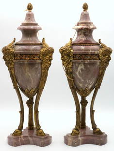 19th C. French Purple Marble & Bronze Urns: Pair of Antique, 19th Century French Purple Marble & Bronze Mounted Urns. Depicting acorn finials, grotesque faces, footed hooves. Measures approx. - 19 3/4" high x 6 3/4" wide. Have a sim