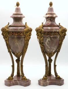 19th C. French Purple Marble & Bronze Urns: Pair of Antique, 19th Century French Purple Marble & Bronze Mounted Urns. Depicting acorn finials, grotesque faces, footed hooves. Measures approx. - 19 3/4" high x 6 3/4" wide. Have a