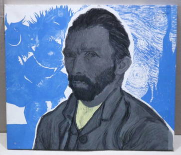 Steve Kaufman (American 1960-2010) "Van Gogh" Silkscreen: Steve Kaufman (American 1960-2010) "Van Gogh" Embellishment Silkscreen on Canvas. Signed SAK on reverse. Dedication on back "To John, Peace & Respect". Measures approx. - 34" h
