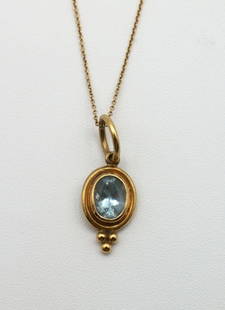 Vintage Temple St. Clair 18Kt & Aquamarine Pendant w/ Necklace: Vintage Temple St. Clair 18Kt Yellow Gold &amp; Aquamarine Pendant w/ Necklace. Measures approx. - 16&#34; long. Weight approx. - 2 dwt.  Have a similar item to sell? Contact us at info&#64;marketauct