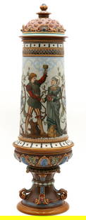 Rare Mettlach 19th C. "Wedding Scene" Pokal: Rare Antique, 19th Century Mettlach "Wedding Scene" Etched Pottery Pokal/Stein/Urn. Signed by C. Warth. #1735. Ceschutzt, Villeroy & Boch mark on bottom. Measures approx. - 19 1/2" hig