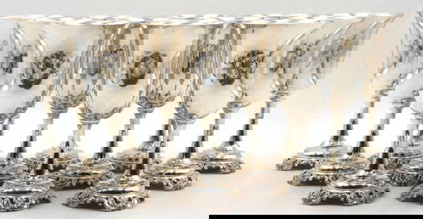 Rare 12 Wallace "Grande Baroque" Sterling Silver Goblets: Rare 12 Pc. Wallace "Grande Baroque" Sterling Silver Goblets. Measures approx. - 7" high x 3 5/8" diameter. Total approx. weight - 82.56 troy oz. Monogrammed. Have a similar item to se