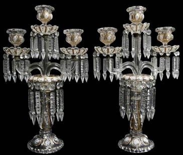 19th C. Baccarat Enamel & Crystal 3-Arm Candelabras: Antique, 19th Century Baccarat (France, French) Hand Painted Enamel & Cut Crystal (Glass) 3-Arm Candelabras. These large candelabras are beautifully hand painted with floral and leaf designs throu