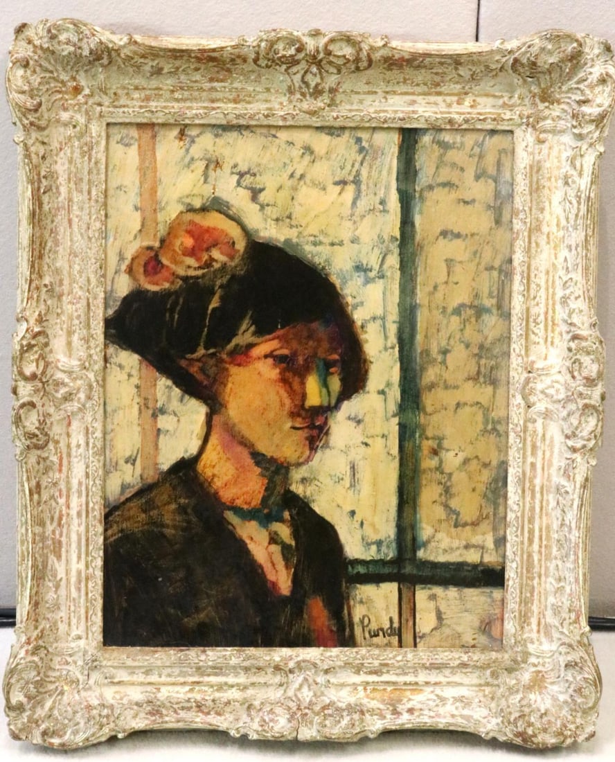 Donald Purdy (American, b. 1924) Oil on Board: Donald Purdy (American, b. 1924) Oil Painting on Board. Signed lower right. Depicting a portrait of a woman. Measures approx. - 17 1/4" high x 13 1/2" wide, total with frame - 23 1/2" high