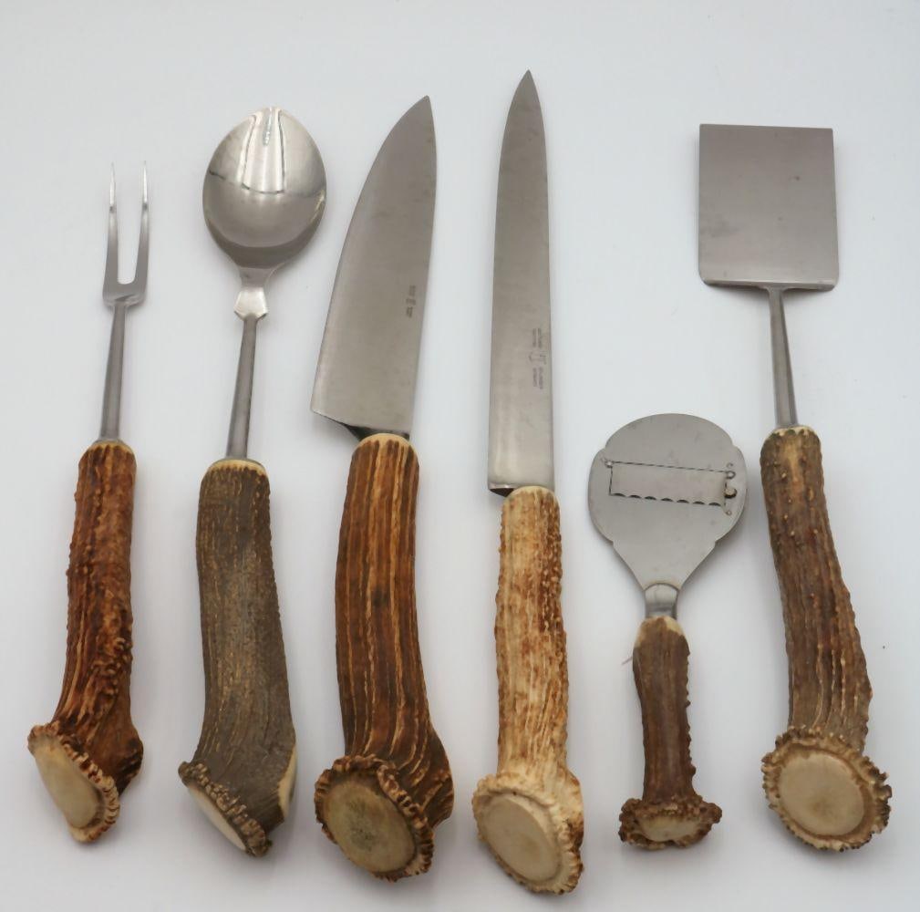 6 Pc. German Stag Bone Handled Serving Pieces: 6 Pc. German Stag Bone Handled Serving Pieces. Measures vary approx. - 9 1/4" - 20" long. Have a similar item to sell? Contact us at info@marketauctionsinc.com Please review all photos clo