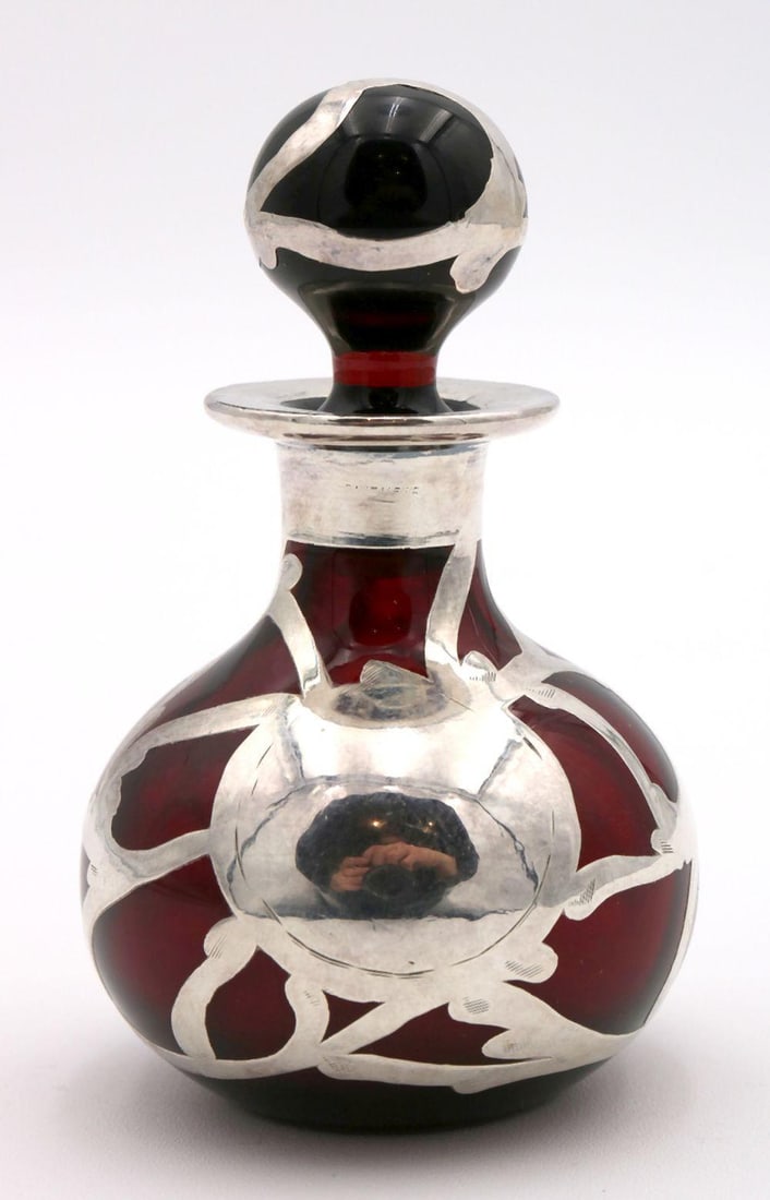 Antique Overlay Sterling & Ruby Glass Scent Bottle (1 of 4)