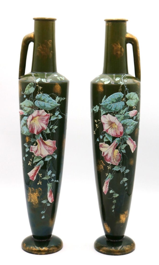 Jerome Massier (French, 1830-1916) Hand Painted Majolica Jugs: Pair of Antique Jerome Massier (French, 1830-1916) Hand Painted Majolica Jugs. Dark green majolica vases, with floral designs. Marked Jerome Massier Vallauris. Measures approx. - 20 1/2" high x 4&