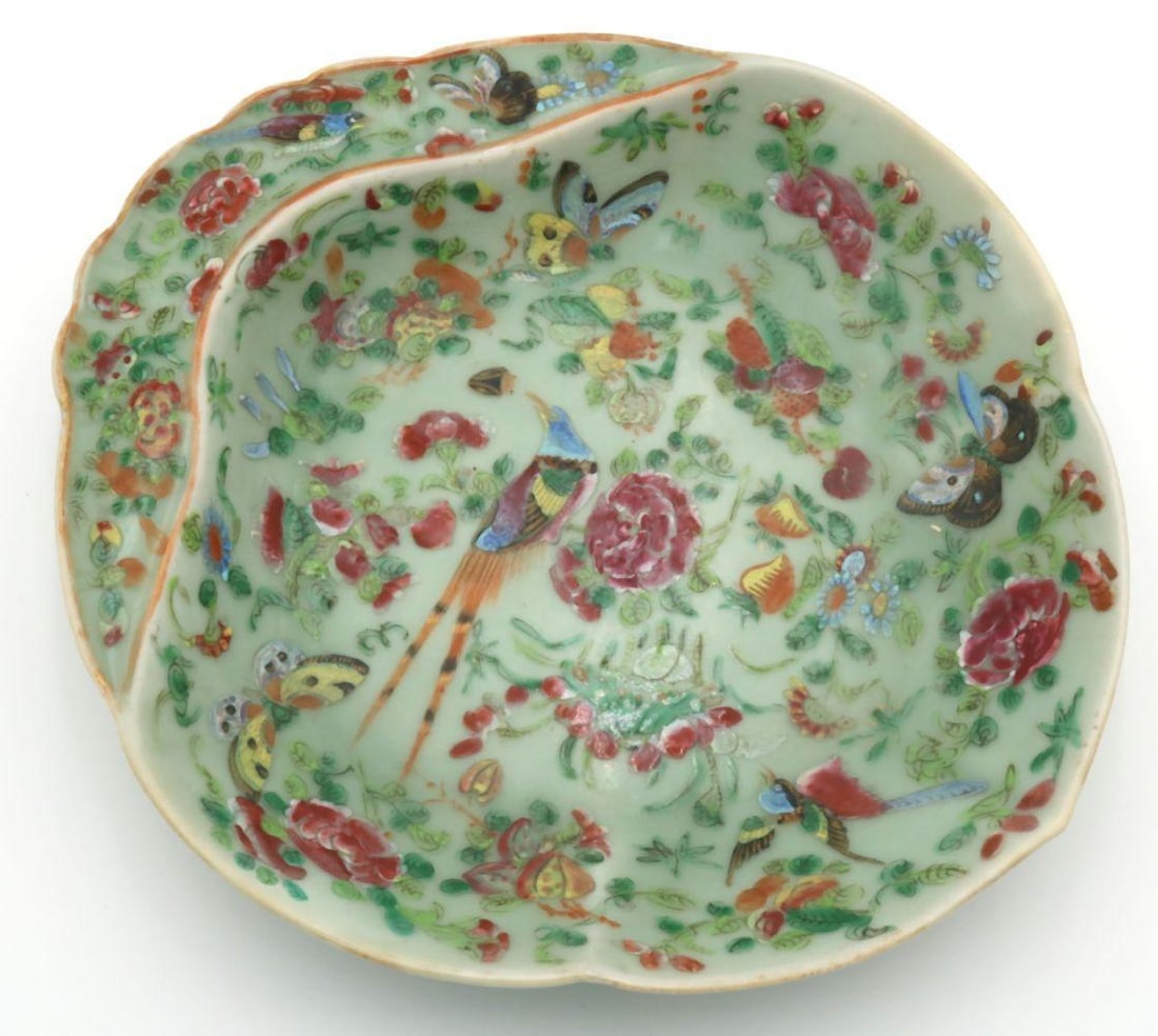 Antique Chinese Famille Rose Porcelain Shrimp Bowl: Antique Chinese Famille Rose Porcelain Shrimp Bowl. Celadon green glaze bowl. Depicting birds, butterflies and flowers. Measures approx. - 1 5/8" high x 10 1/2" wide. Have a similar item to se