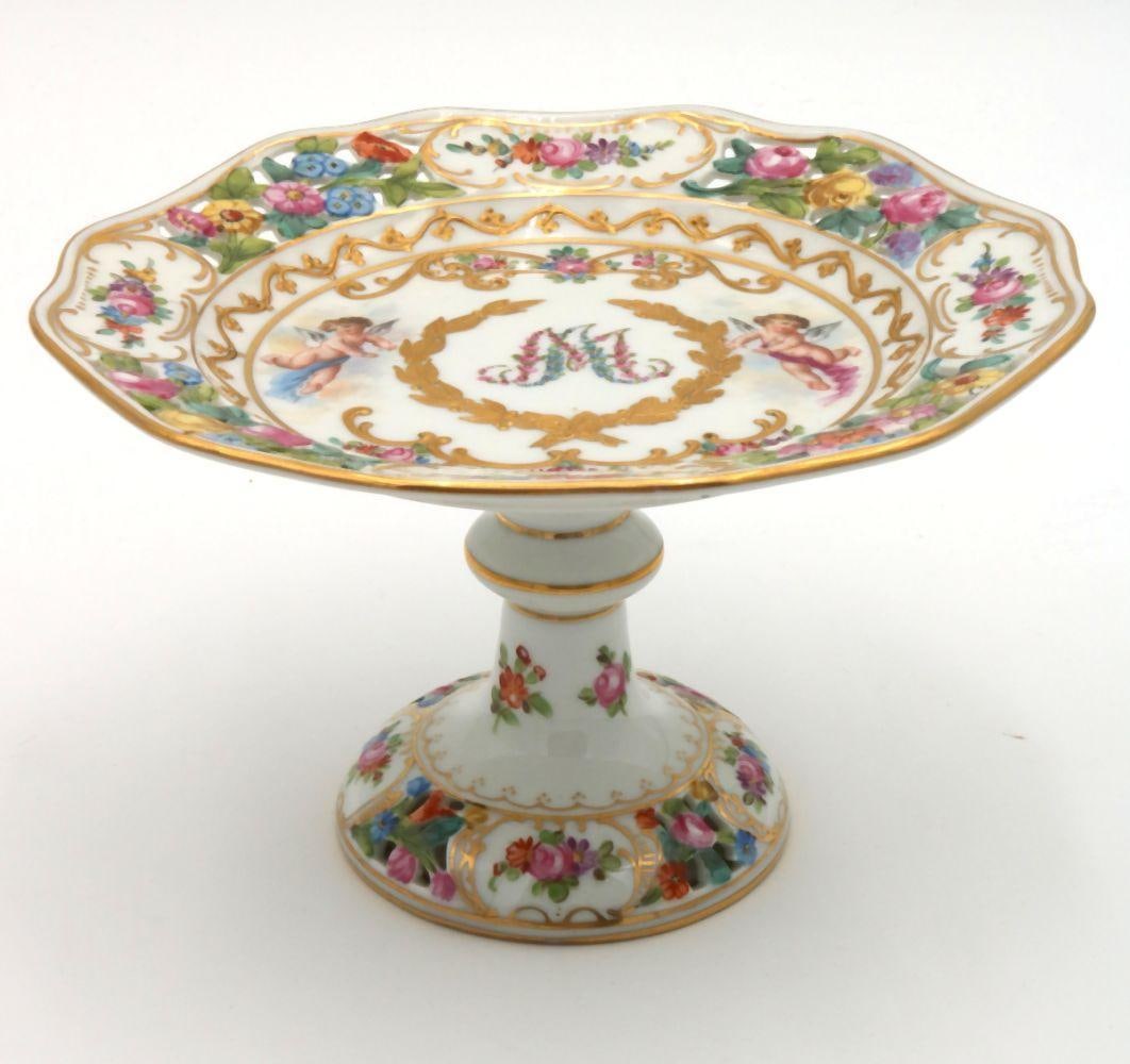 Antique Dresden Hand Painted Porcelain Footed Compote (1 of 4)