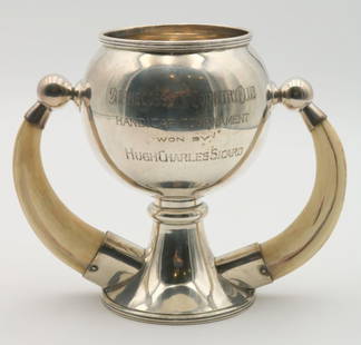 Antique Watson & Newell Co. Sterling Silver Trophy: Antique Watson & Newell Co. Sterling Silver Trophy, with boar tusk handles. Monogrammed on front "Shenecossett Country Club, Handicap Tournament, won by Hugh Charles Sicard. Measures approx. -