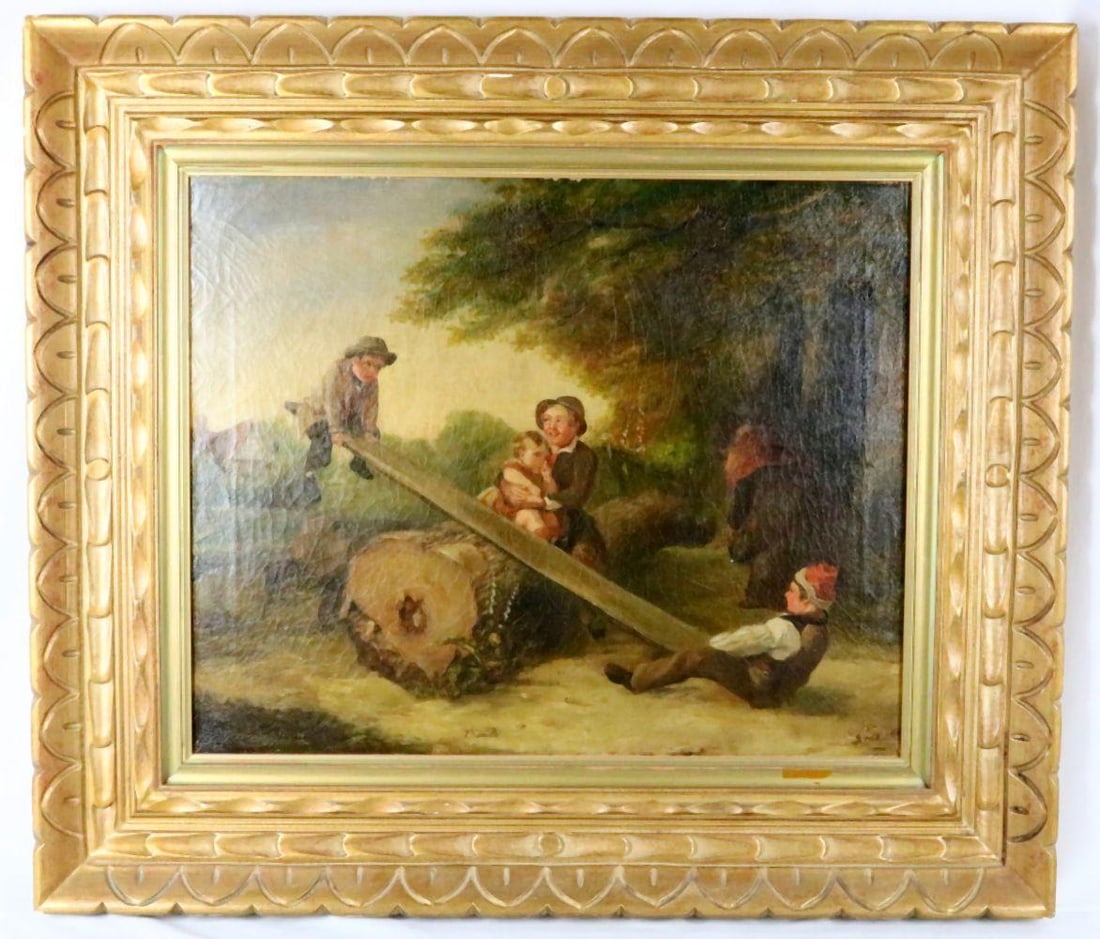 Antique European Oil Painting on Canvas: Antique, Late 19th Century European Oil Painting on Canvas. Depicting children on a seesaw. Measures approx. - 17 1/2" high x 21" wide, total with frame - 26" high x 29 1/4" wide. No v