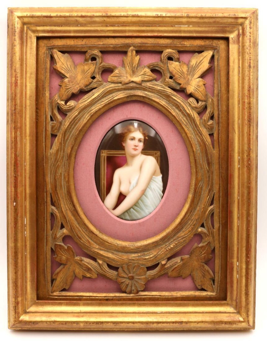 Antique German Hand Painted Porcelain Plaque w/ Frame (1 of 4)