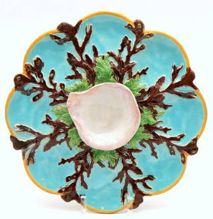 Antique George Jones Majolica 8 Well Oyster Plate: Antique George Jones Majolica 8 Well Oyster Plate. Measures approx. - 10 1/4&#34; diameter. Have a similar item to sell? Contact us at info&#64;marketauctionsinc.com Please review all photos closely.