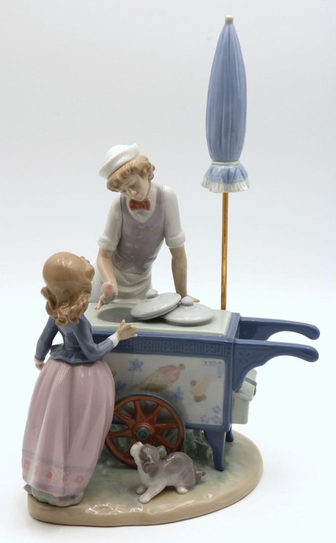 Lladro "Ice Cream Vendor" #5325 Porcelain Group: Lladro "Ice Cream Vendor" #5325 Porcelain Group. Measures approx. - 12 1/2" high x 8 1/2" wide. Have a similar item to sell? Contact us at info@marketauctionsinc.com Please review 