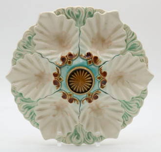 Antique French Majolica 6 Well Oyster Plate: Antique French Majolica 6 Well Oyster Plate. Measures approx. - 2 1/2&#34; high x 9 1/2&#34; diameter. Have a similar item to sell? Contact us at info&#64;marketauctionsinc.com Please review all photo