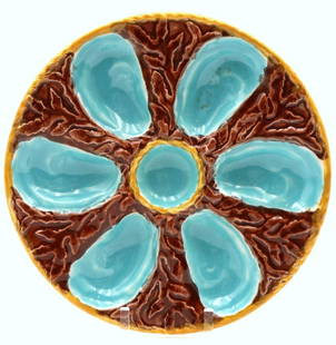 Antique S. Fielding Majolica 6 Well Oyster Plate: Antique, 19th Century S. Fielding English Majolica 6 Well Oyster Plate. Measures approx. - 9 1/4&#34; diameter. Have a similar item to sell? Contact us at info&#64;marketauctionsinc.com Please review