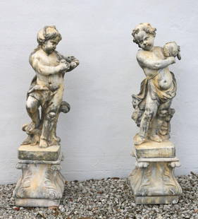 Pair of Cherub Concrete Garden Sculptures: Pair of Cherub Concrete Garden Sculptures. Depicting standing cherubs holding fruit and a pottery vase. 19th century style statues. Both measures approx. - 34" high x 12" wide x 11" deep. Total measur