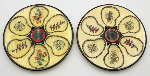 Two Henriot Quimper 6 Well Oyster Plates: Two Henriot Quimper 6 Well Oyster Plates. Measures approx. - 8 3/4" diameter. Have a similar item to sell? Contact us at info@marketauctionsinc.com Please review all photos closely. The non-ap