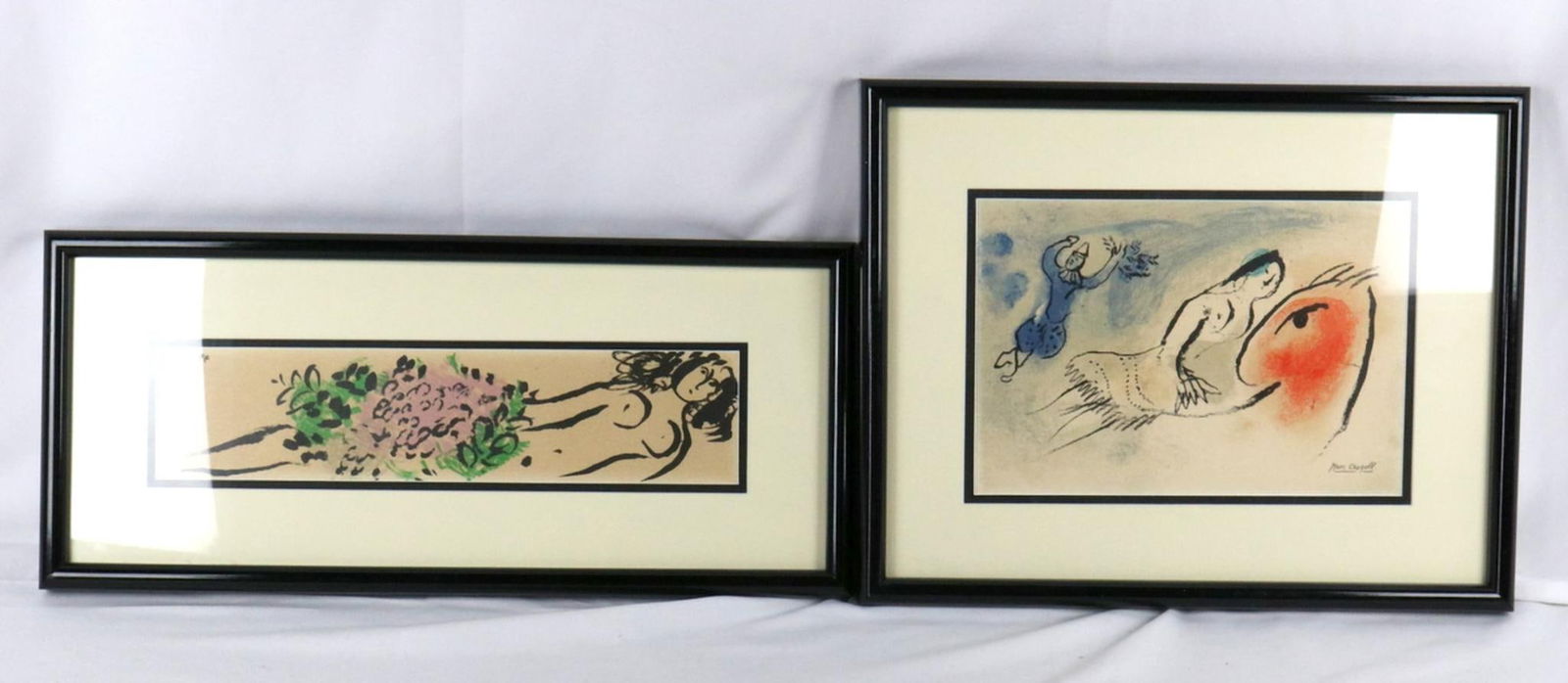 Marc Chagall Greeting Card Color Lithographs: Marc Chagall Greeting Card Color Lithographs. Nude woman with bouquet, 1952 - 8 3/4" high x 19 3/4" long, with frame. Other measures approx. - 12 3/4" high x 16" long with frame. Have
