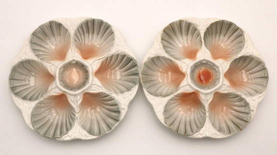 Pair of Sarreguemines 6-Well Oyster Plates: Pair of Sarreguemines France 6-Well Oyster Plates. Measures approx. - 9 3/8" diameter. Have a similar item to sell? Contact us at info@marketauctionsinc.com Please review all photos closely. T