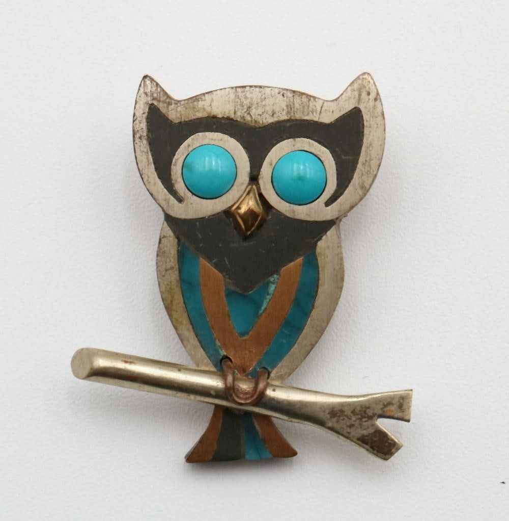 Vintage Cecilia Tono Turquoise Inlaid & Sterling Owl Brooch (1 of 2)
