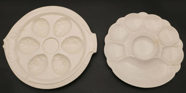 Two Vintage 6 Well Oyster Plates: Two Vintage 6 Well Oyster Plates. Erphila Czech Fish 6 well plate - 11 3/8" wide, Minton 6 well white Majolica plate - 9 1/4" diameter. Have a similar item to sell? Contact us at info@mark