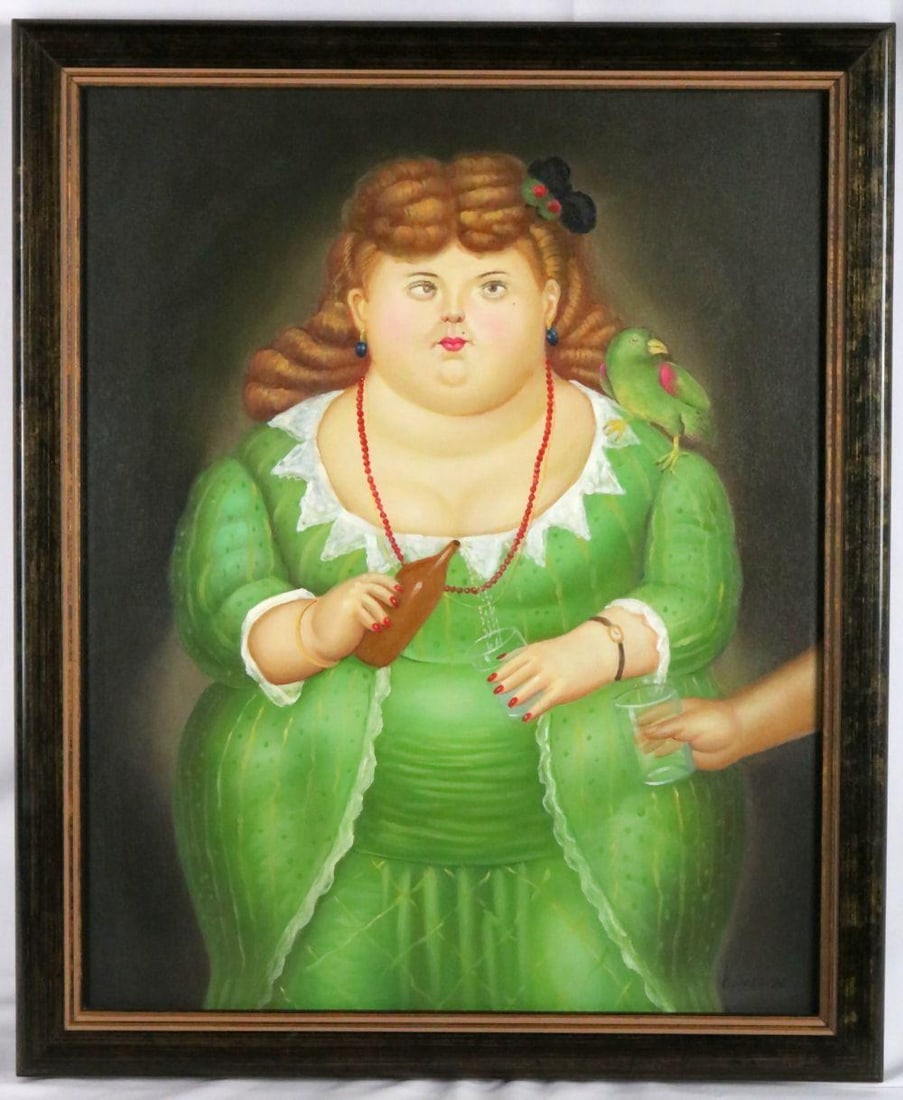 After Fernando Botero Oil Painting on Canvas: After Fernando Botero Oil Painting on Canvas. In the style of Fernando Botero, depicting girl with parrot. Signed Botero lower right. Measures approx. - 19 1/2" high x 15 1/2" wide, total with