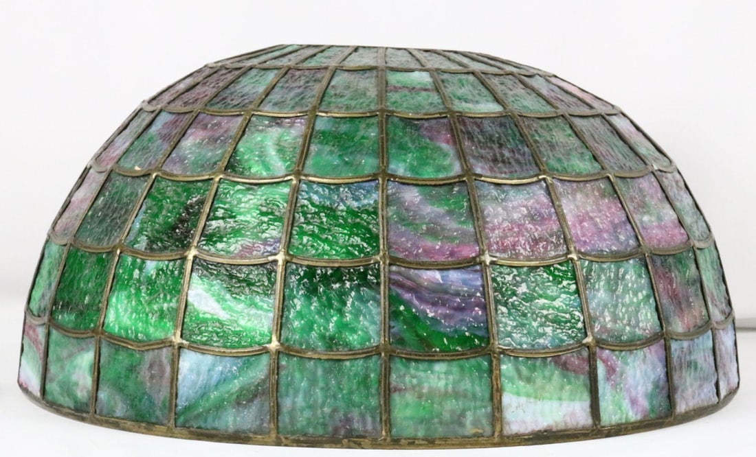 Manner of Tiffany Studios Leaded Glass Lamp Shade: In Manner of Tiffany Studios Leaded Glass Lamp Shade. In the style of Tiffany. No visible marks. This shade is being sold as is. Measures approx. - 9 1/2" high x 20" diameter. Have a similar i