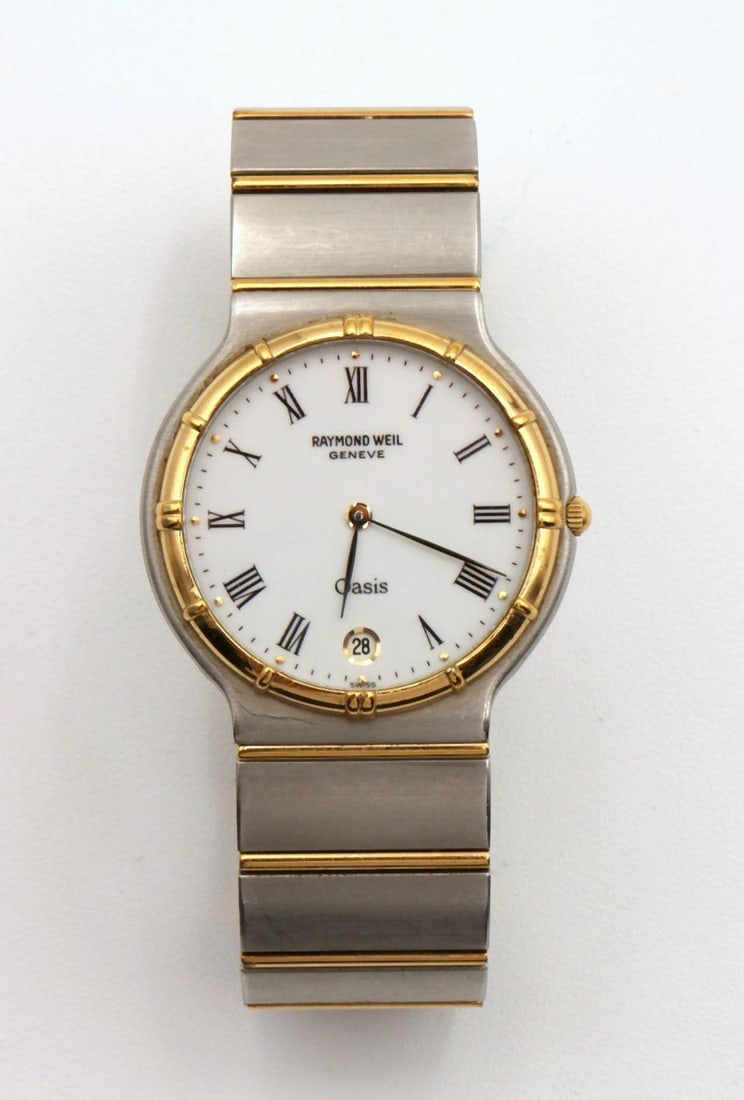 Raymond Weil Oasis Gold/Stainless Steel Men's Wristwatch: Raymond Weil Oasis Gold/Stainless Steel Men's Wristwatch. 5530-1, quartz, date window. Have a similar item to sell? Contact us at info@marketauctionsinc.com **If you do not want us to ship for you, p