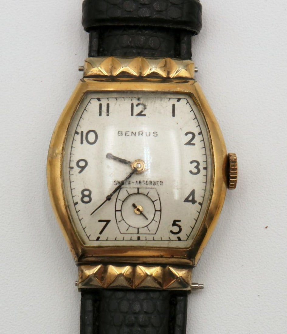 Benrus Men's Deco Swiss Wristwatch: Benrus Men's Deco Swiss Wristwatch. 17 jewels gold filled with stainless steel back. 1940's-50's. unusual barrel shape BB1 movement, hooded lugs. Have a similar item to sell? Contact us at info@market
