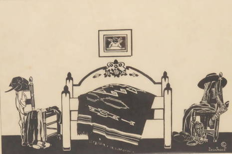 Lon Megargee (American, 1883-1960) "Spanish Dude, Ranch Bedroom" Woodcut: Lon Megargee (American, 1883-1960) &#34;Spanish Dude, Ranch Bedroom&#34; Woodcut. Measures approx. - 8 1/2&#34; high x 12 1/2&#34; wide, total with frame - 18 5/8&#34; high x 22 1/2&#34; wide. Have a