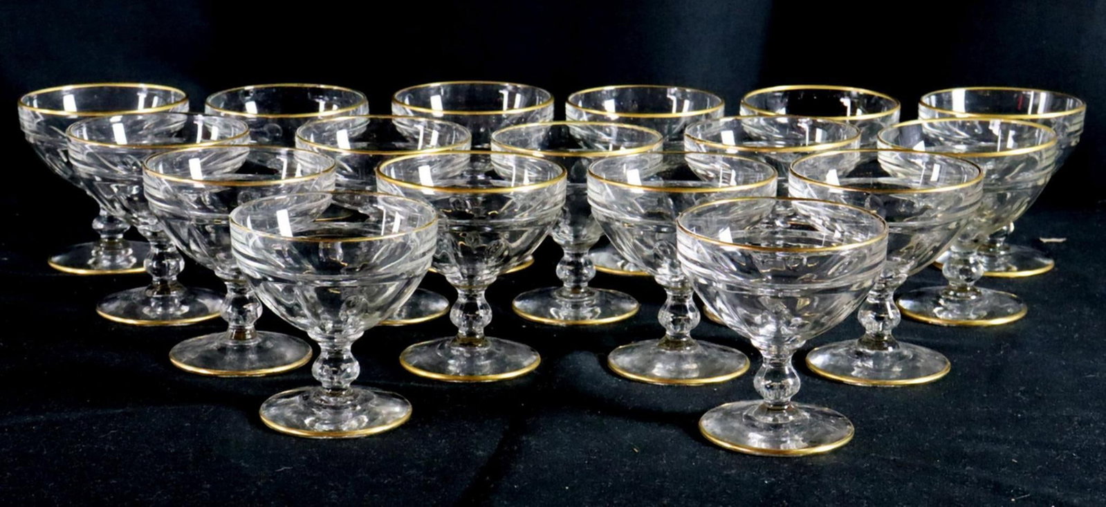 17 Pc. Antique Gilt Trim Crystal Sherbert Coupe Glasses: 17 Pc. Antique Gilt Trim Crystal Sherbert Coupe Glasses. Measures approx. - 4" high x 3 3/4" diameter. Have a similar item to sell? Contact us at info@marketauctionsinc.com Please review a