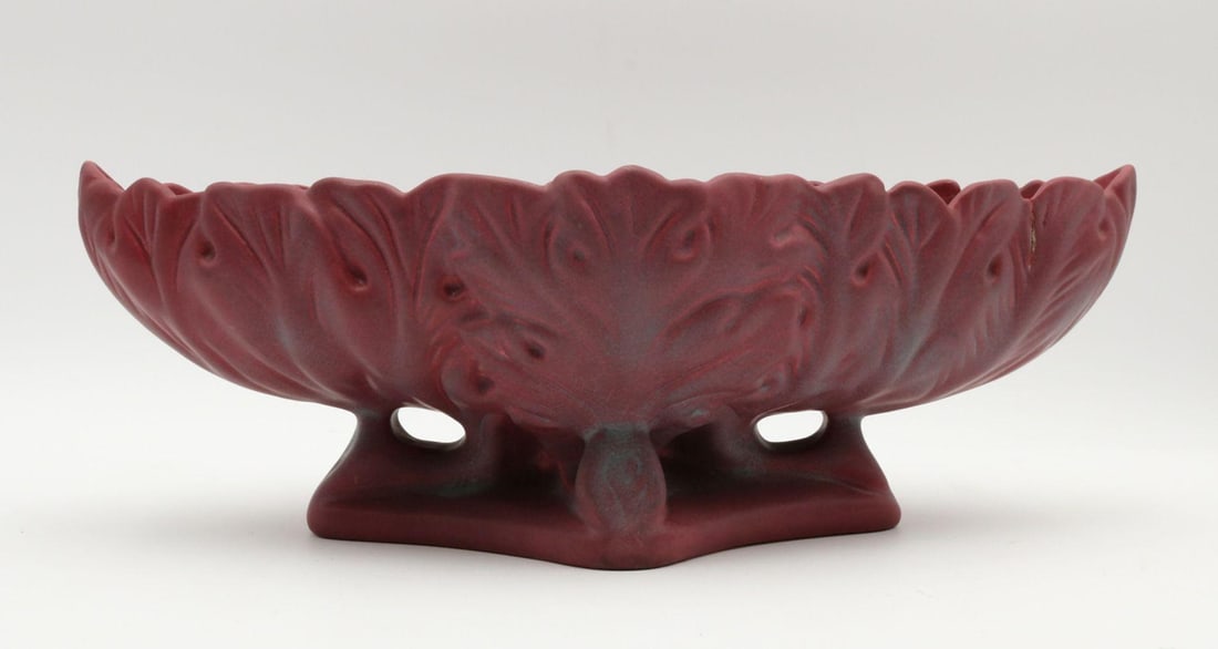 Van Briggle Art Pottery Center Bowl: Van Briggle Mulberry Art Pottery Center Bowl. Marked on bottom. Condition - minor age crack. Measure approx. - 5" high x 14" wide. Have a similar item to sell? Contact us at info@marketauc