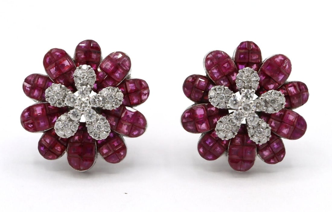 14Kt Diamond & Pink Sapphire Floral Earrings (1 of 3)