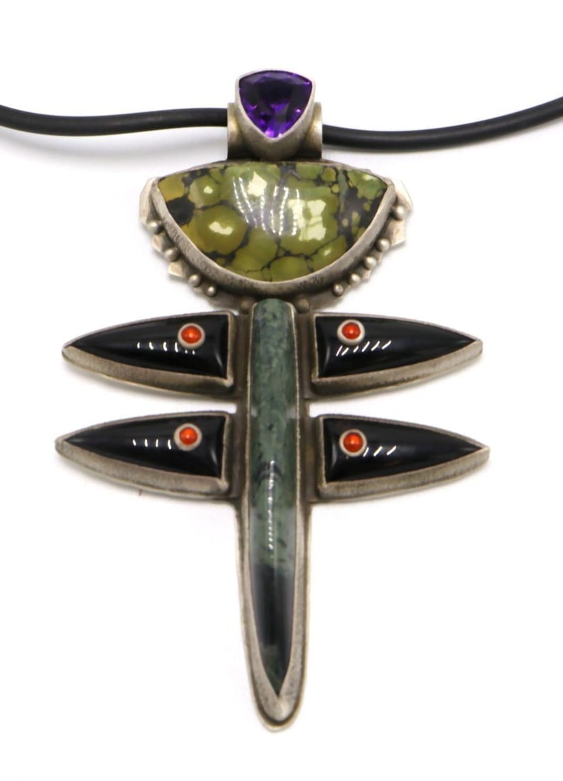 Unique Jim Dunakin Navajo Semi-Precious Stone & Sterling Pendant w/ Necklace (1 of 3)