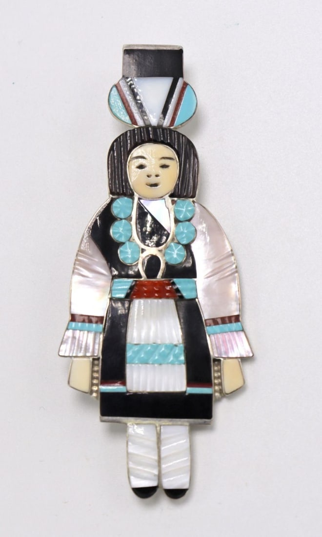 Madeline Beyuka (Zuni, b. 1935) Sterling Inlaid Stone Pendant/Brooch (1 of 3)