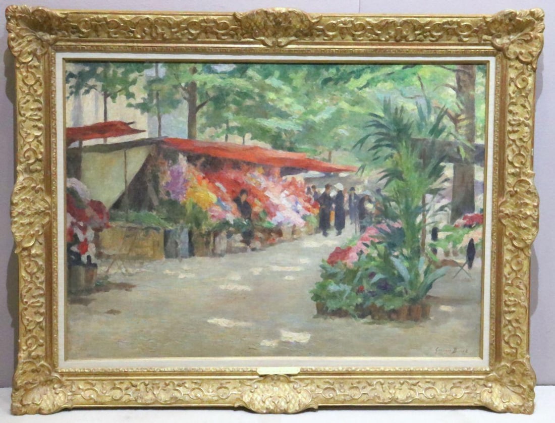 Georges Jules Ernest Binet (French, 1865-1949) "Manche Aux Fleurs": Georges Jules Ernest Binet (French, 1865-1949) "Manche Aux Fleurs" Oil Painting on Canvas. Circa 1919, signed lower right. Depicts European outdoor village flower market. Measures approx. - 39