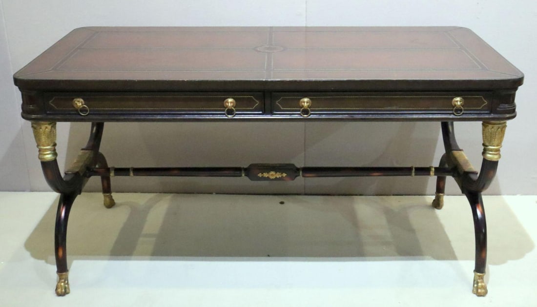 Henredon Empire Style Leather Top Desk: Henredon Furniture Industries Empire Style Leather Top Desk. Maitland Smith style. Measures approx. - 30" high x 30" deep x 60 1/4" long. Have a similar item to sell? Contact us at info