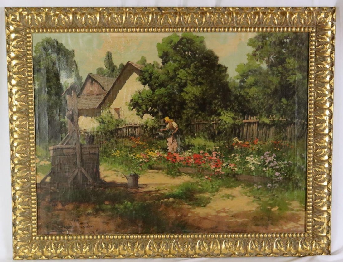 Laszlo Neogrady (Hungarian, 1896-1962) Oil Painting on Canvas: Laszlo Neogrady (Hungarian, 1896-1962) Oil Painting on Canvas. Measures approx. - 23 1/4" high x 31" wide, total with frame - 28" high x 36" wide. Signed lower left. Depicting woman wa