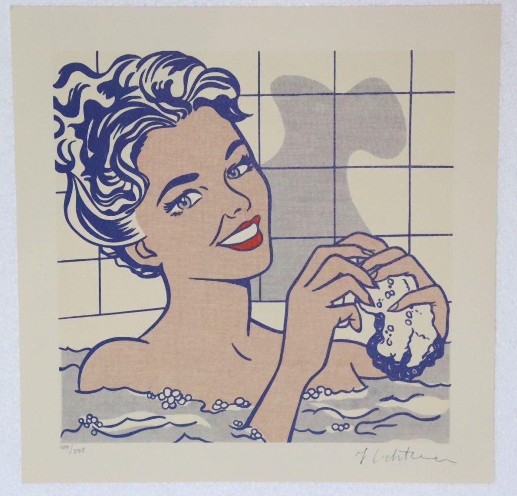 Roy Lichtenstein "Girl (Donna) in the Tub" Lithograph: Roy Lichtenstein (American, 1923-1997) "Girl (Donna) in the Tub" Lithograph. Lithograph from an original work by Roy Lichtenstein, printed in 1986. 275 hand-numbered copies. Signed on the plat