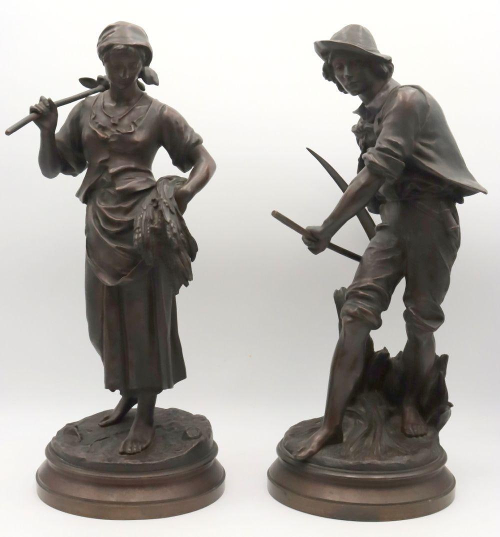 After Eugene-Antoine Aizelin (French, 1821-1902) Bronze Sculptures: After Eugene-Antoine Aizelin (French, 1821-1902) Bronze Sculptures. Depicting Faucheur and Peasant Girl. Girl measures approx. - 19 1/2" high x 8 1/2" diameter at base, boy with sickle measure