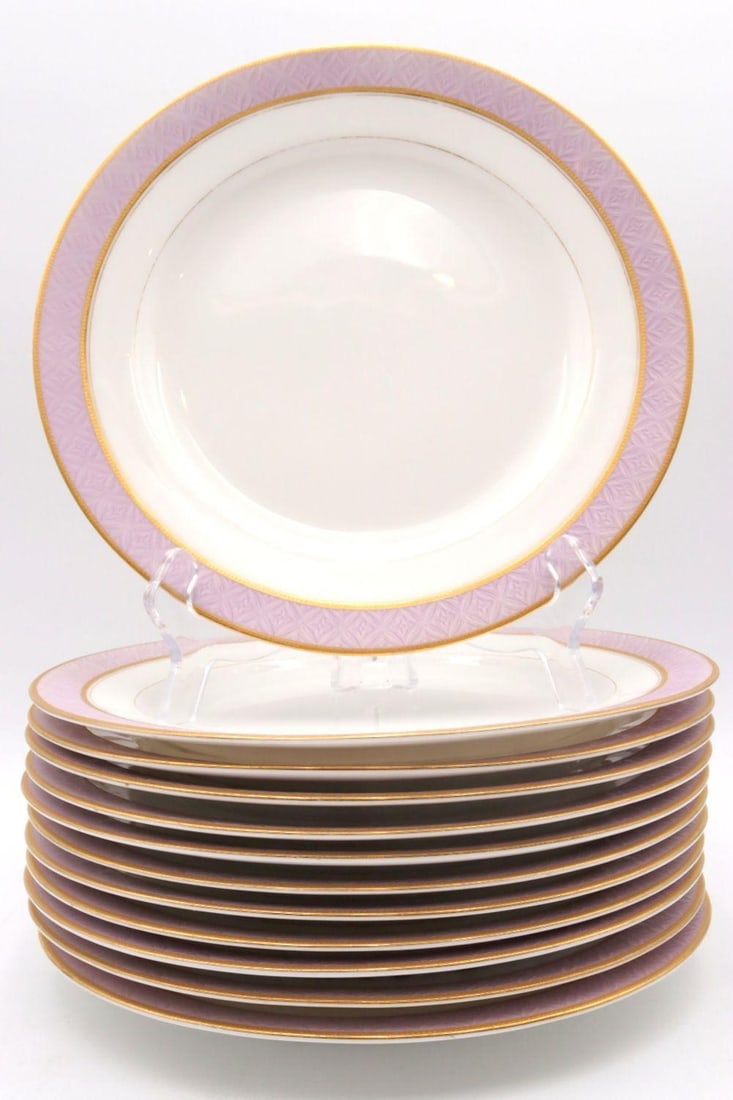 12 Pc. Royal Worcester for Spaulding & Co. Porcelain Plates: 12 Pc. Antique Royal Worcester England for Spaulding & Co. Lavender Gold Edge Luncheon Plates. Measuring approx. 9" in diameter, and boasting a lavender/gold rimmed design. made in England by