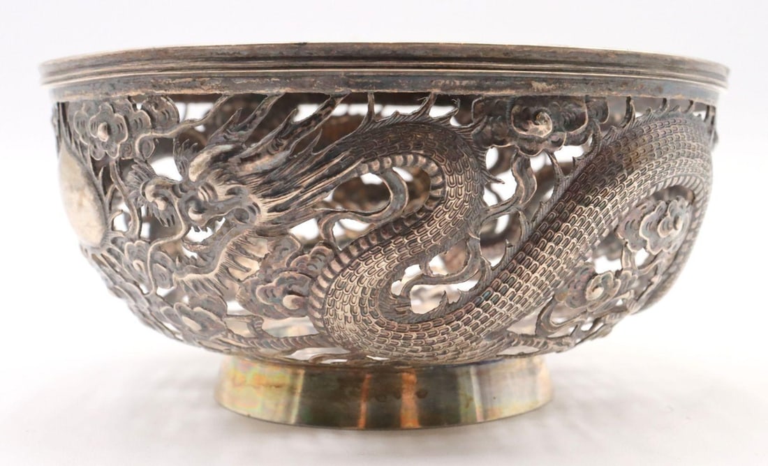 Chinese Export Dragon Motif Pierced 900 Silver Bowl (1 of 6)