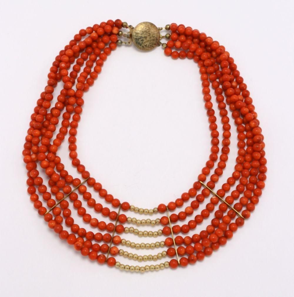 14Kt Yellow Gold & Coral 6-Strand Necklace: 14Kt Yellow Gold & Coral 6-Strand Choker Necklace. Measures approx. - 12 1/2" long. Weight approx. - 44.8 dwt. Have a similar item to sell? Contact us at info@marketauctionsinc.com **If yo
